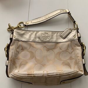 Coach signature gold leather trimmed bag with coral satin interior